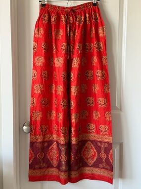 Boho Wide Leg Red & Gold Elephant Print High Waist Pants - S